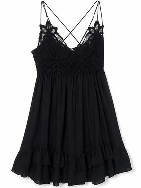 Free People Black Lace Crochet Babydoll Mini Dress Size Small Adjustable Straps